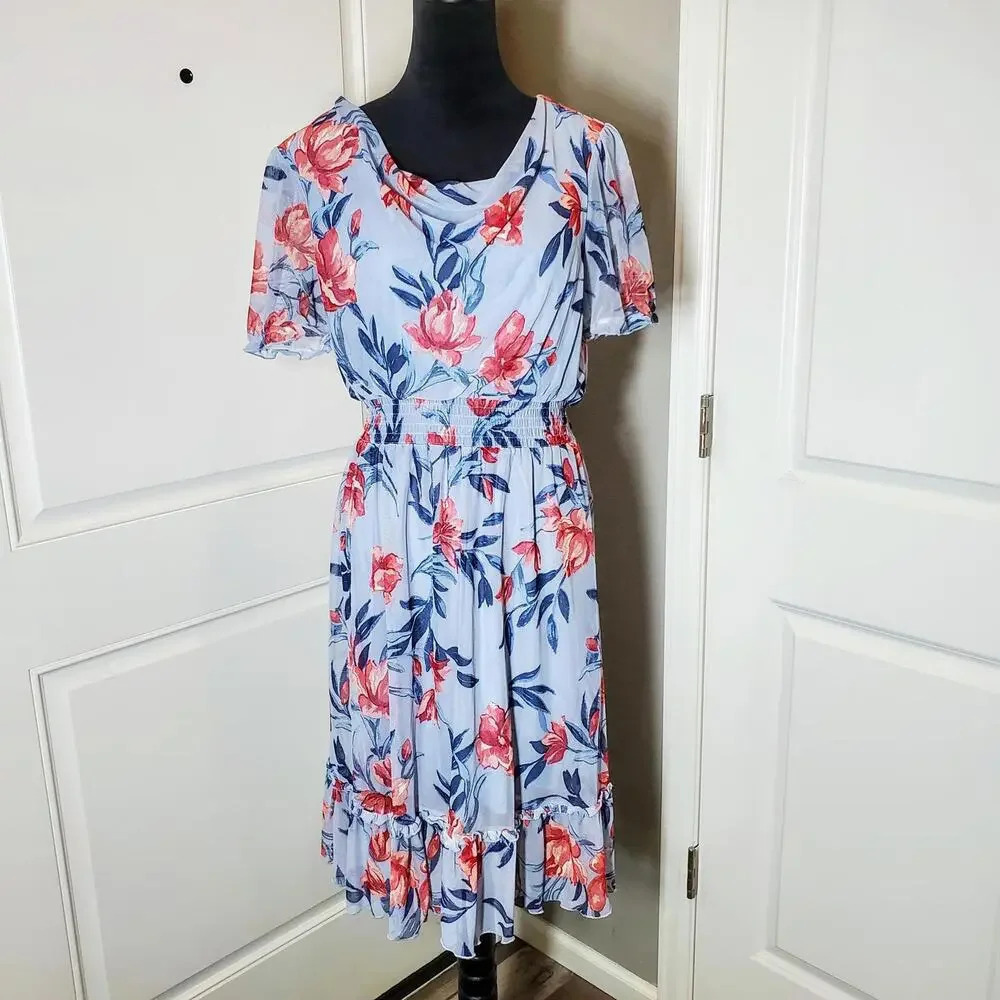 KATE and LILY Size 14 Blue Floral Scoopneck Women's Midi Dress